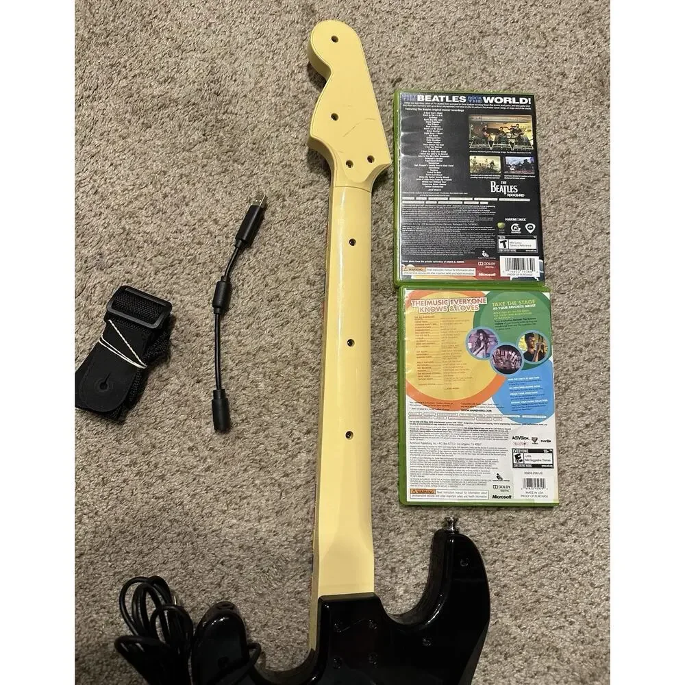 Rock Band Xbox 360 Wired Guitar Bundle w/ 2 Games Tested RockBand Fast Shipping